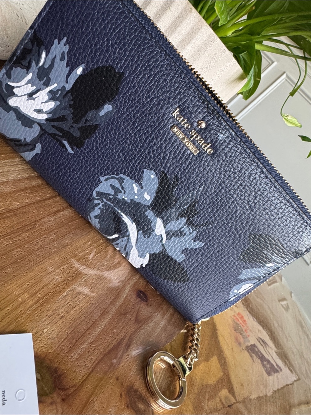 kate spade Navy Floral Zip Wristlet with Gold Keyring